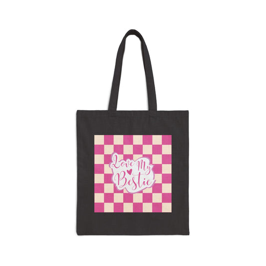 “Love My Bestie” Pink Checkered Cotton Canvas Tote