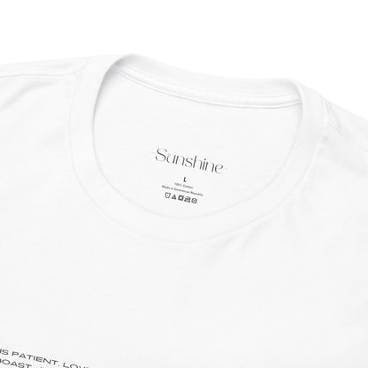 Camiseta unisex de algodón inspiradora "El amor es paciente, el amor es bondadoso". 