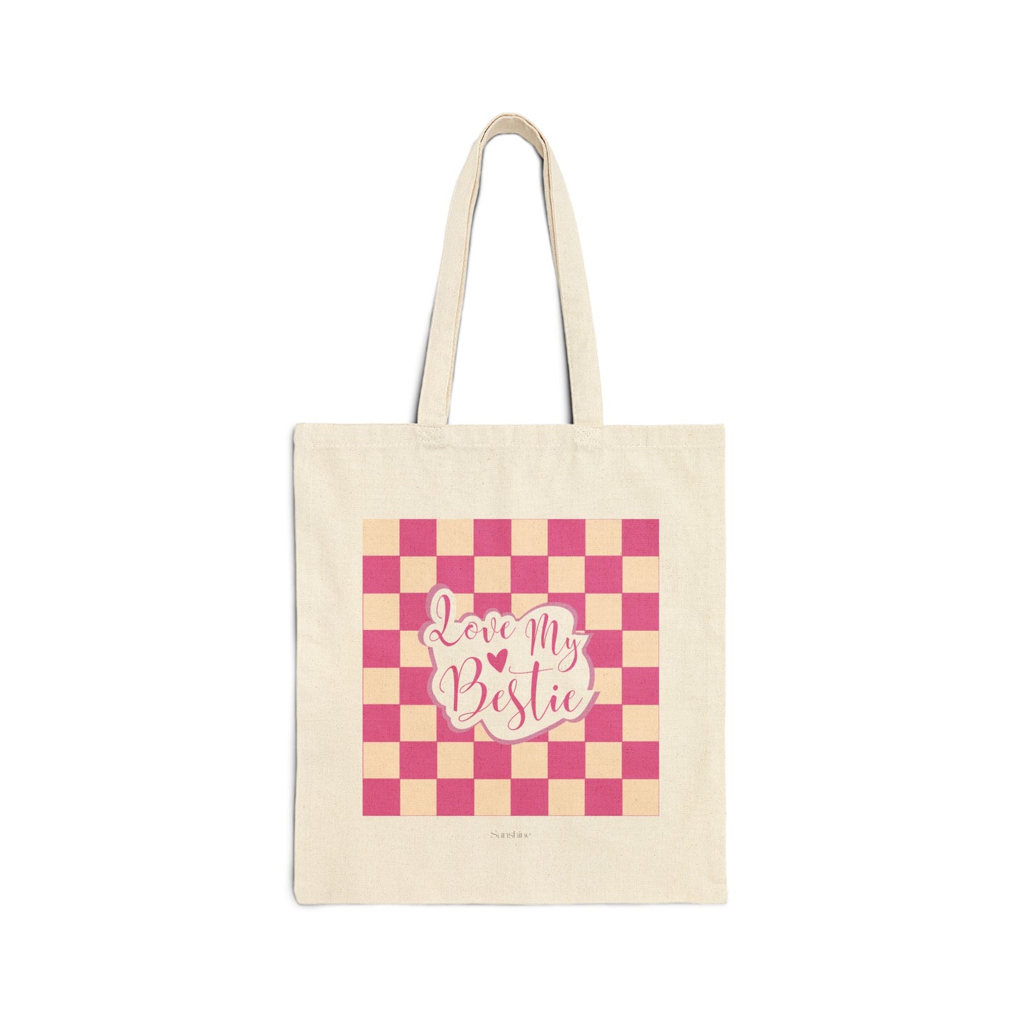 “Love My Bestie” Pink Checkered Cotton Canvas Tote