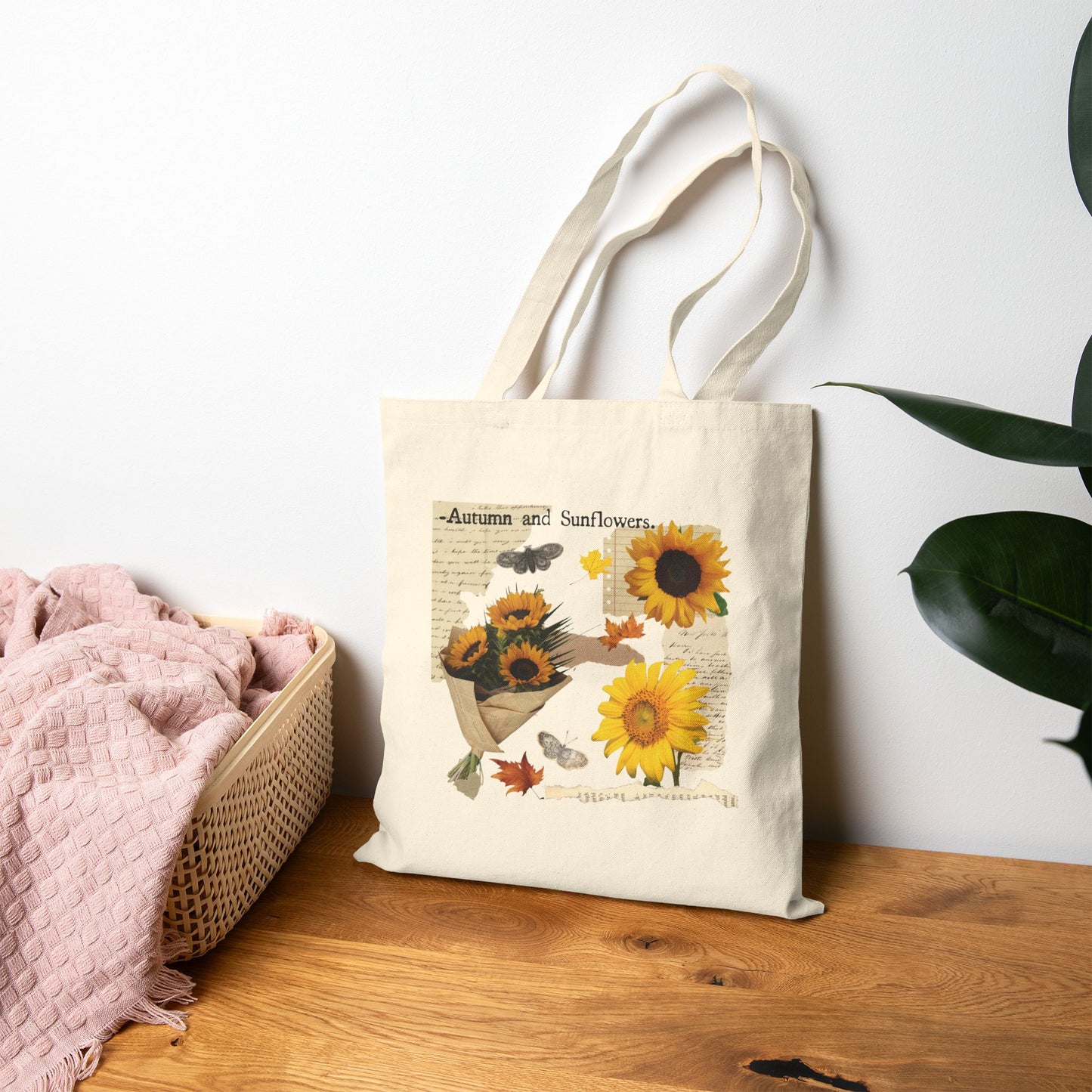 Bolsa de tela ecológica con girasoles y diseño otoñal 
