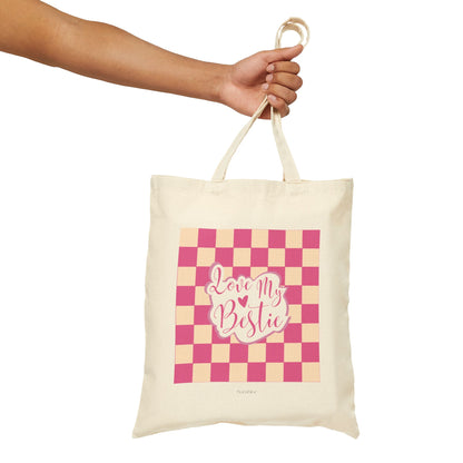“Love My Bestie” Pink Checkered Cotton Canvas Tote