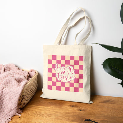 “Love My Bestie” Pink Checkered Cotton Canvas Tote
