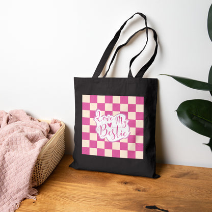“Love My Bestie” Pink Checkered Cotton Canvas Tote
