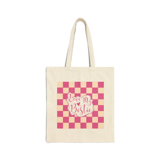 “Love My Bestie” Pink Checkered Cotton Canvas Tote