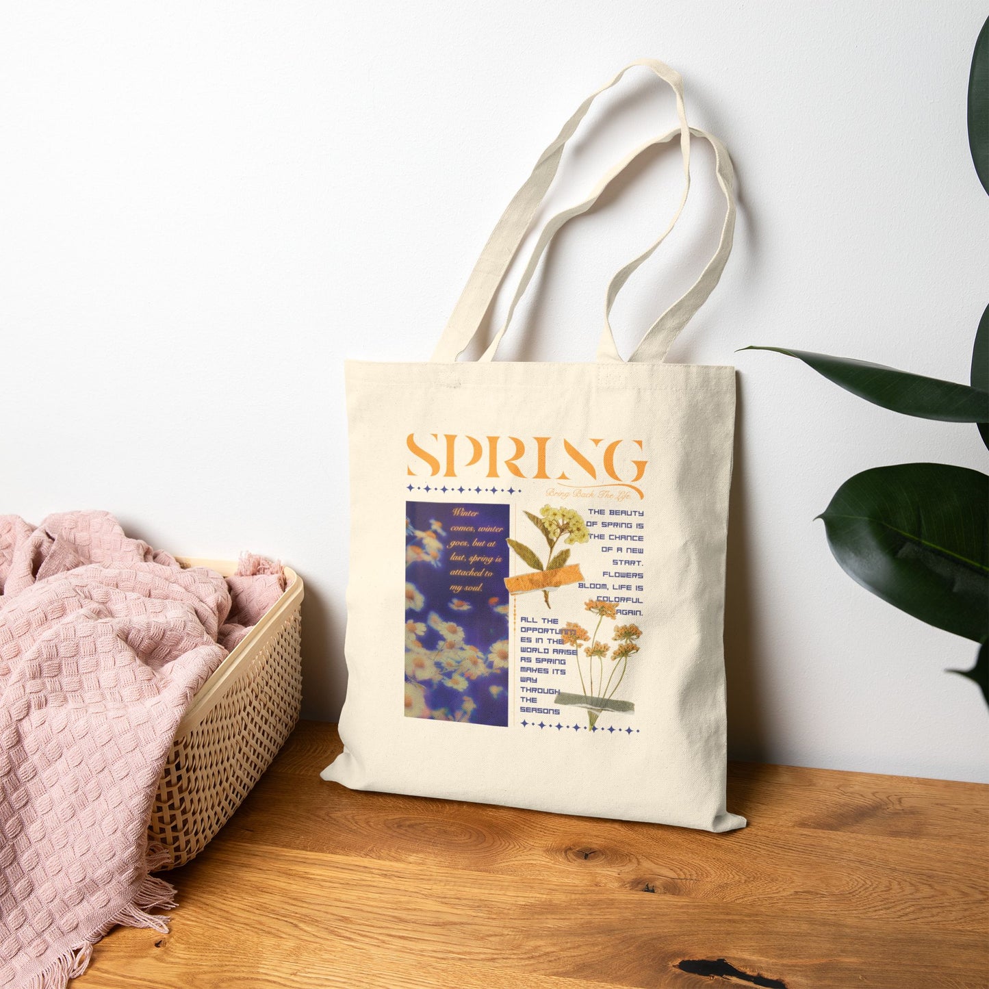 Bolso tote de lona con estampado floral vintage de primavera 