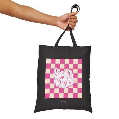 “Love My Bestie” Pink Checkered Cotton Canvas Tote